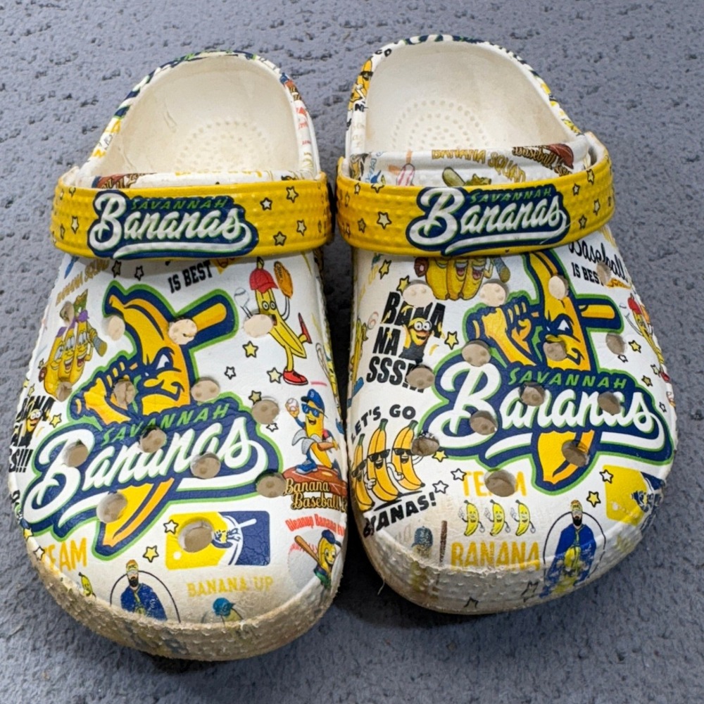 Savannah Bananas Clogs Boys 28 White Yellow MiLB Baseball Graphic Slip On Kids